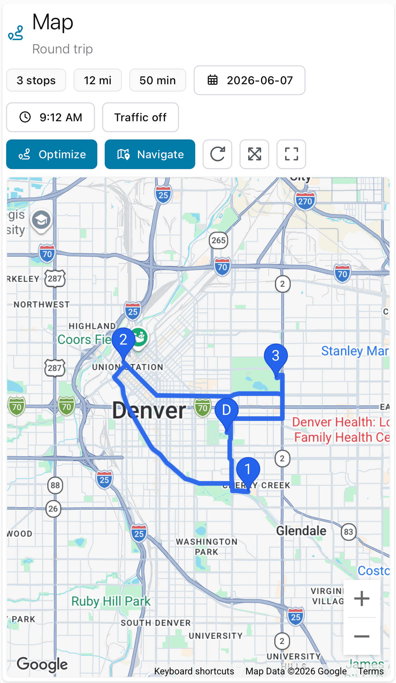 Fouffy Dog Routing route map showing an optimized Denver route with three stops.